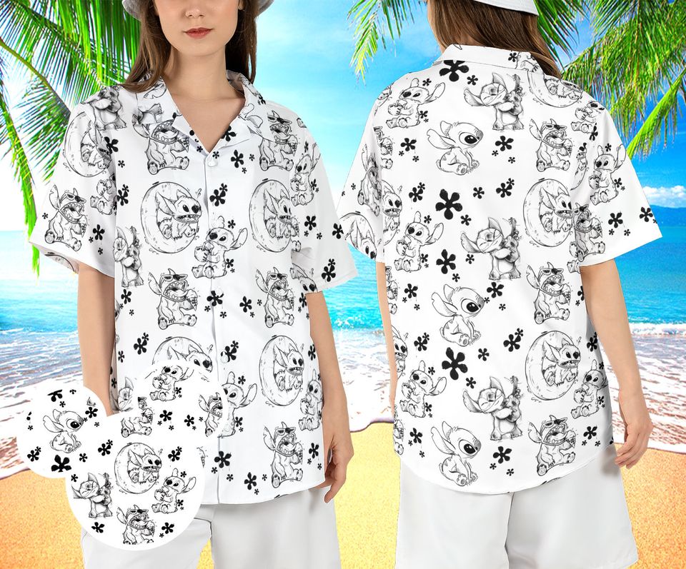 Stitch Sketch Beach Hawaiian Shirt, Stitch Summer Hawaii Shirt, Floral Stitch Aloha Shirt