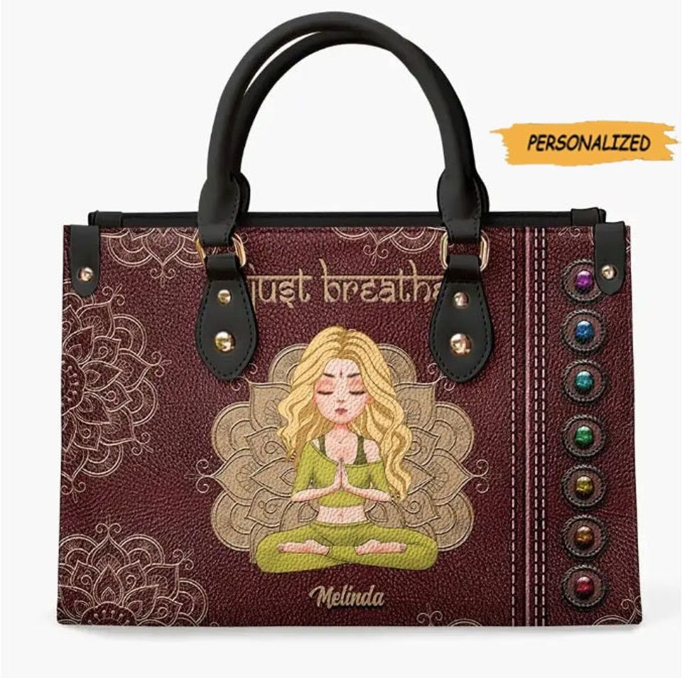 Just Breathe Personalized Yoga Leather Bag, Gift For Yoga Lovers