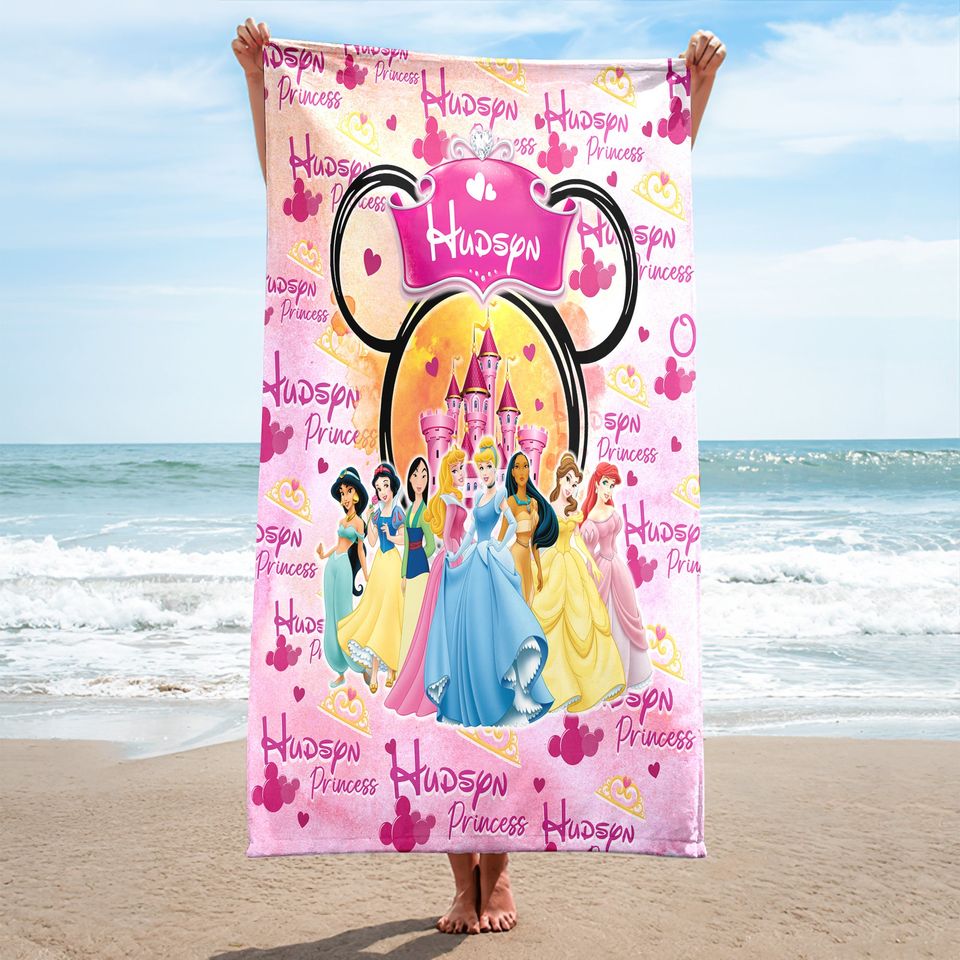 Personalized Watercolor Princess Beach Towel, Custom Name Princess Baby Girl Towels
