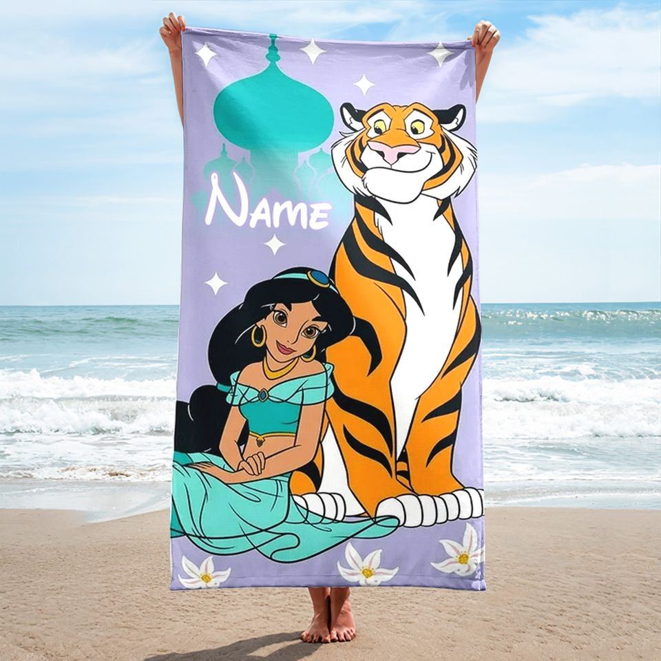 Personalized Princess Beach Towel, Princess and Tiger Towels, Princess Character Beach Towels