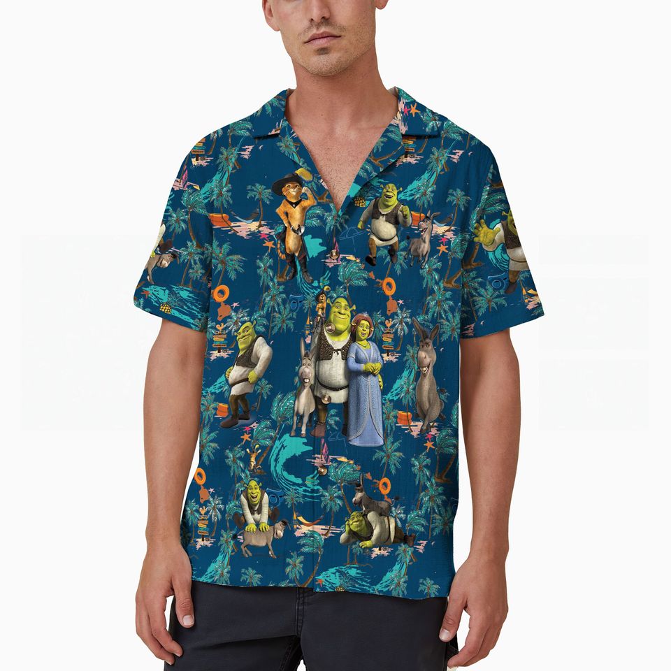 Shrek Hawaiian Shirt, Shrek and Fiona Hawaiian Vacation Shirt, Disney Donkey Aloha Hawaii Shirt