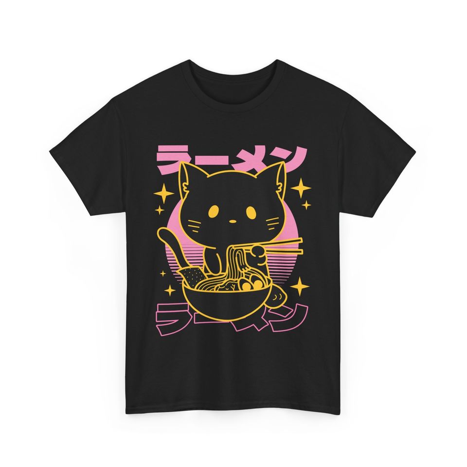 Retro Japanese cat art eating Ramen Kanji - But First Ramen Funny T-shirt