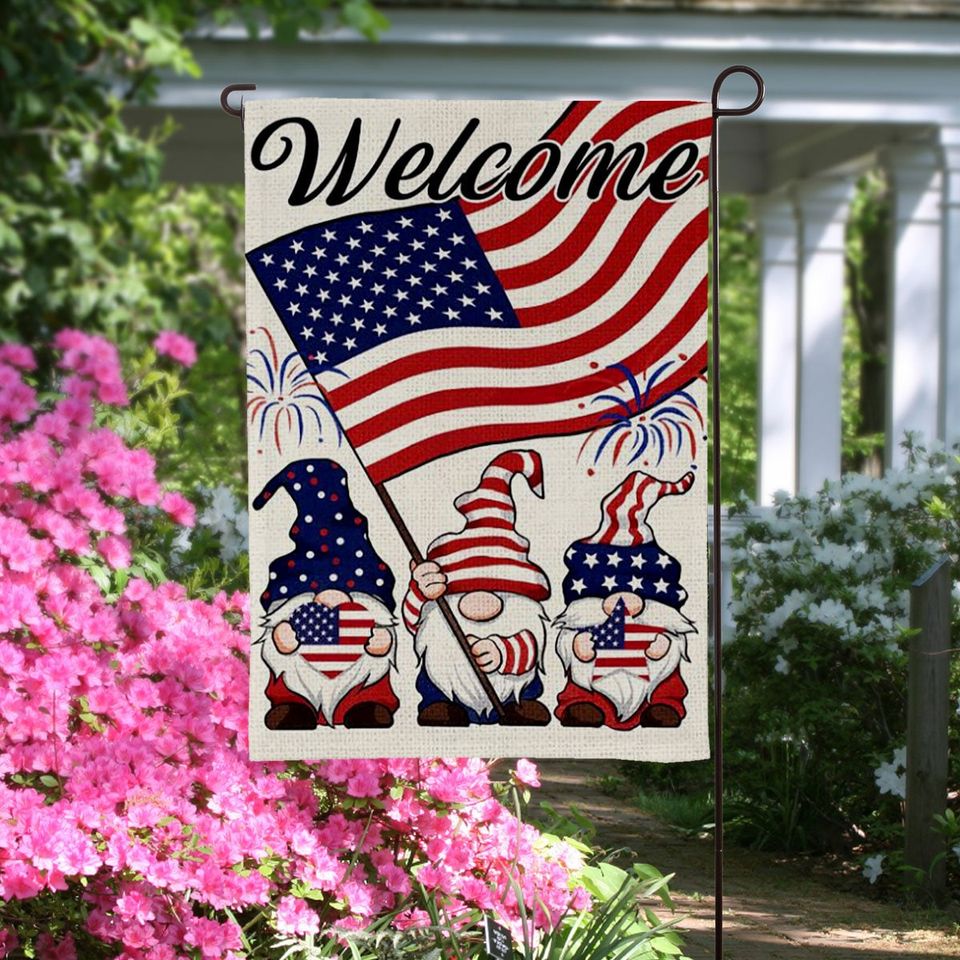 Welcome Gnomes USA Garden Flag, 4th July Gnomes Flag