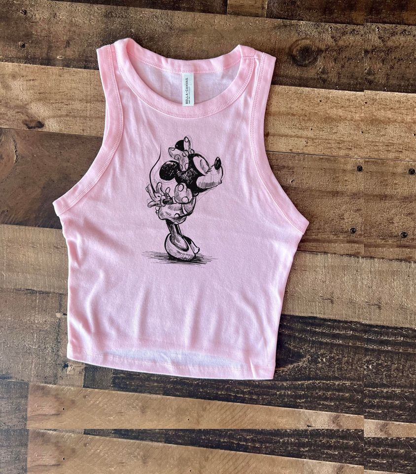 Pink Minnie Crop Tank, Minnie Mouse Tank Top, Toddler Crop Tank, Retro Black White Mouse, Sketch Minnie Baby Tee