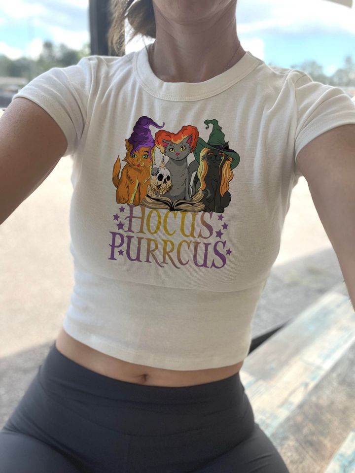 Hocus Purrcus Crop Tank, Cute Funny Cat Halloween Baby Tee, Sanderson Sister Kitty Cats, Witches hats womens tee