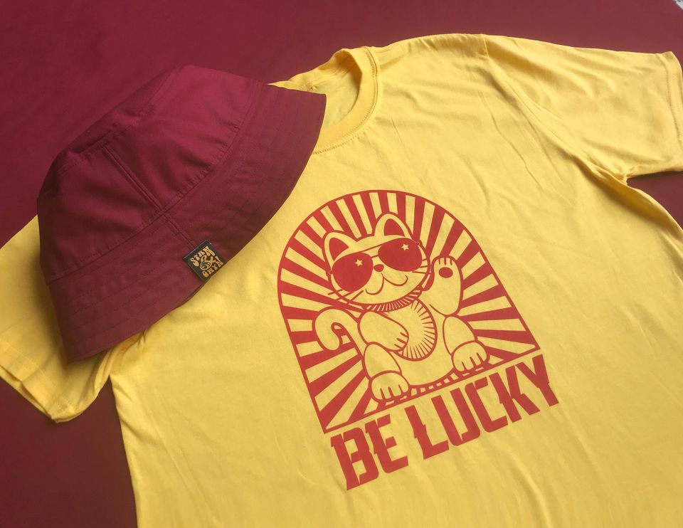 T-shirt for Men, Mens Graphic Tees, Yellow Printed Tee, Maneki neko Cat Art, Good Luck Gift For Him, Japanese Menswear.
