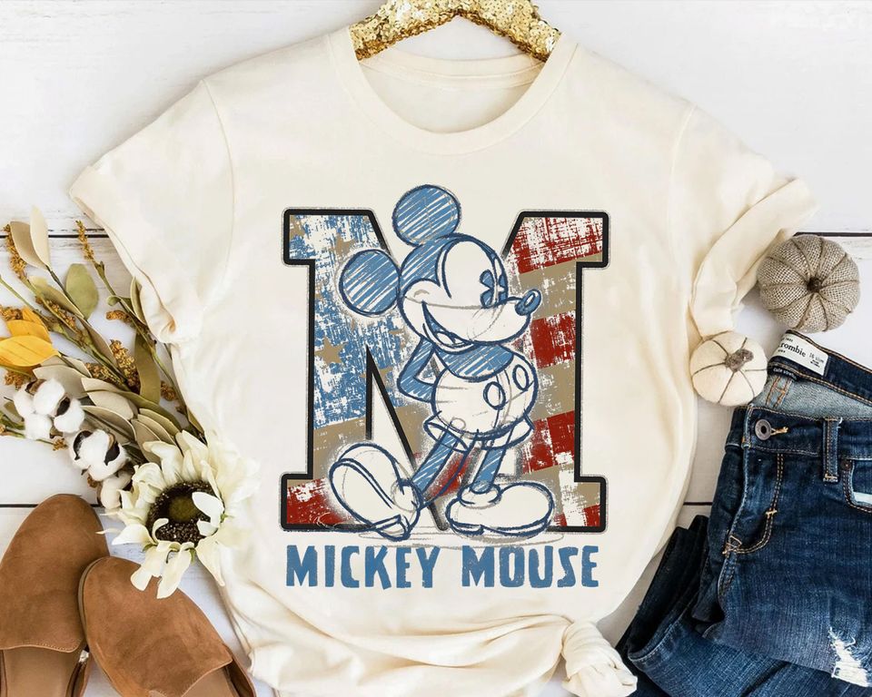 Retro Americana  4th Of July Mickey Mouse Classic Pose Sketch Shirt, Family Vacation Gift