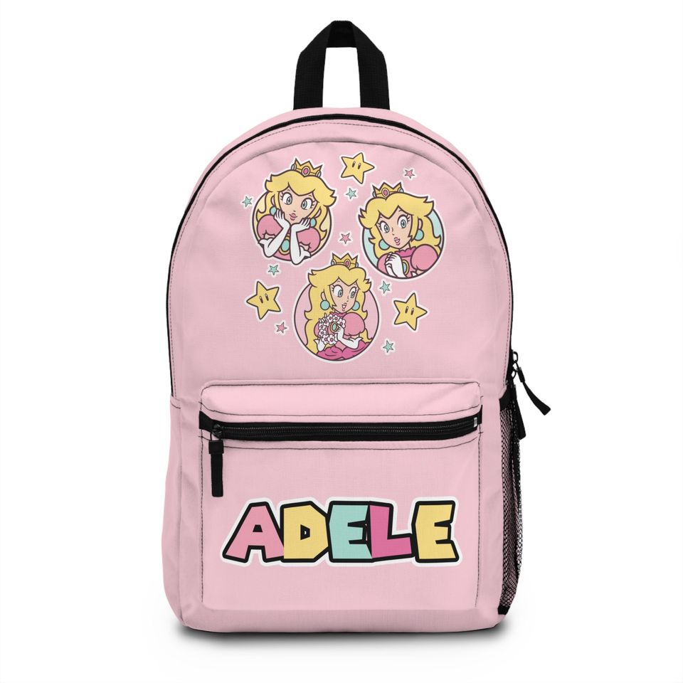 Custom Name Mario Princess Peach Pink Girly Personalized Kid School Backpack