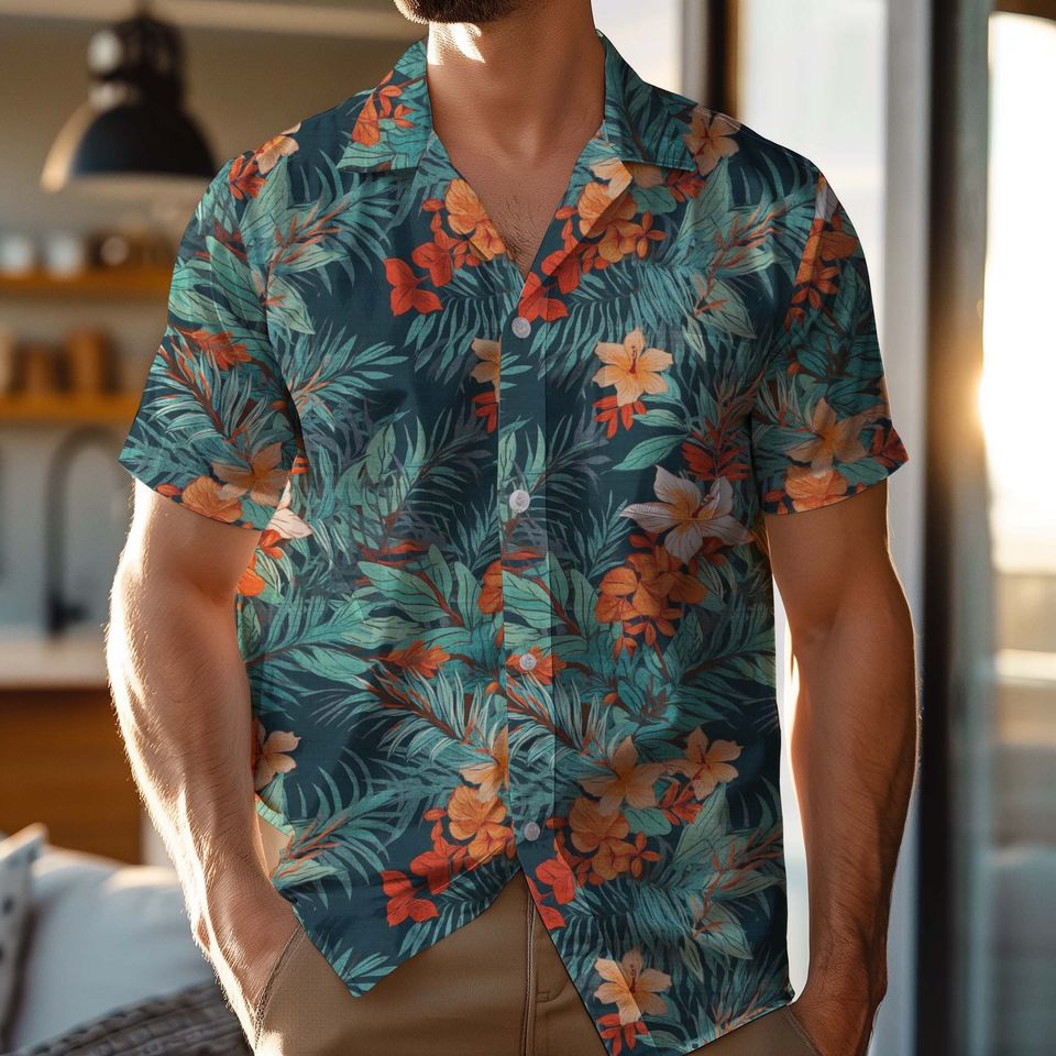 Hawaiian Shirt Men Flower Button Up Boho Shirt Gift