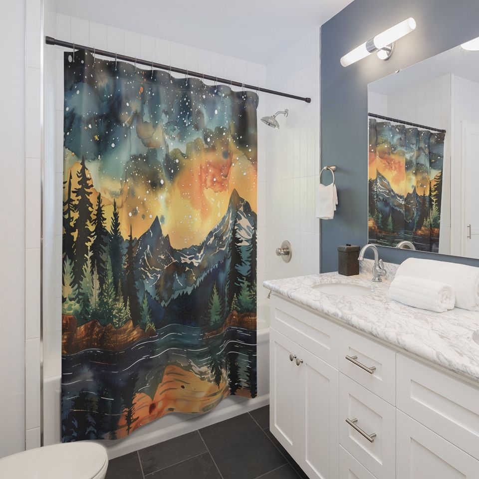 Mountain Night Watercolor Inspired Nature Landscape Shower Curtain