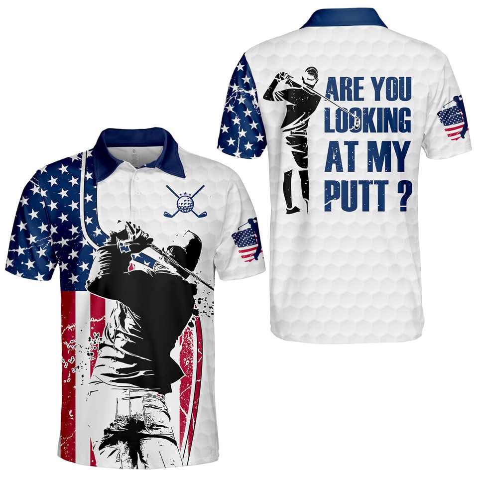 Looking At My Putt Golf Polo Shirts for Men, US Flag Golf Players Button Down Short Sleeve,