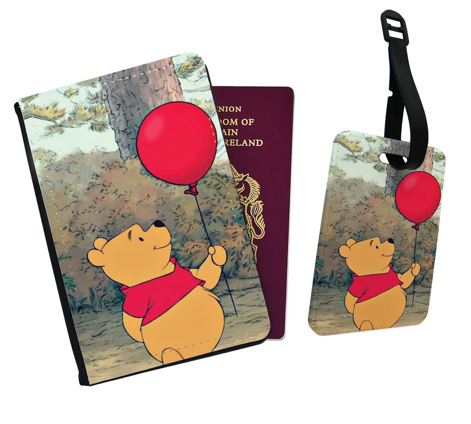 Personalised Faux Leather Passport Cover & Luggage Tag Disney Winnie-the-Pooh Balloon Holidays Adventure Birthday Gift Friends Honey Forest