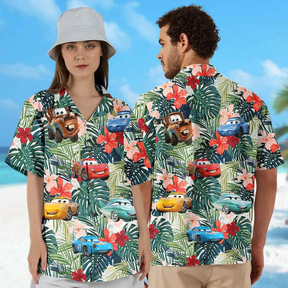 Car Characters Hawaiian T-Shirt, Tropical Palm Tree Kids Hawaii Tee, Aloha Beaches Button Up Shirt, Gift For Family