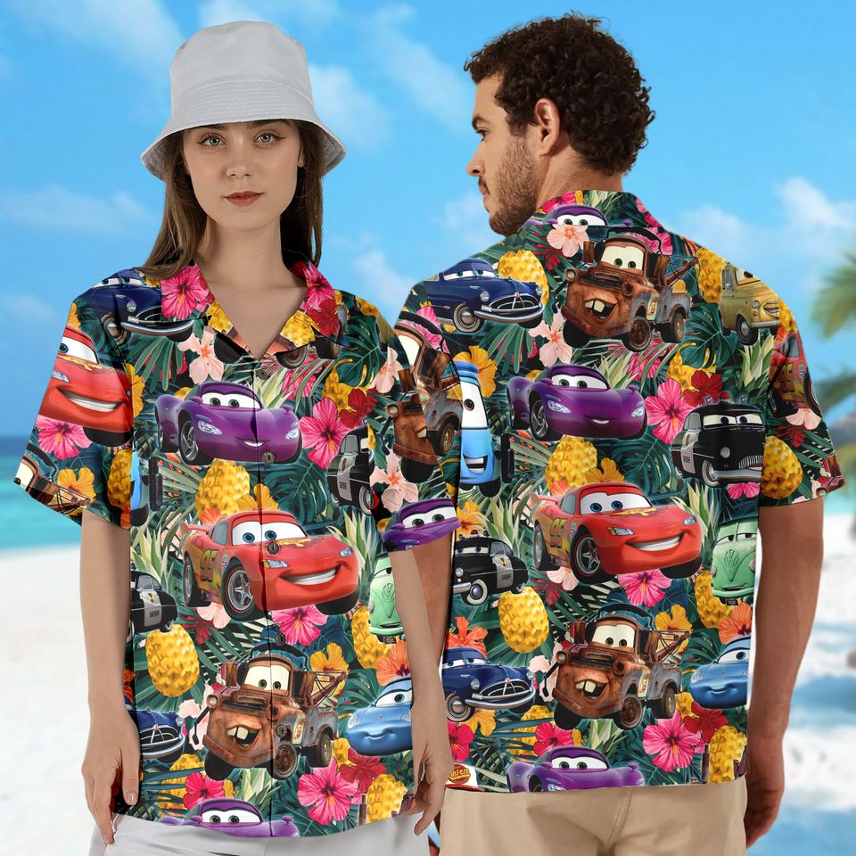 Car Characters Hawaiian T-Shirt, Tropical Palm Tree Kids Hawaii Tee, Aloha Beaches Button Up Shirt, Sport Car Cartoon Character Shirt