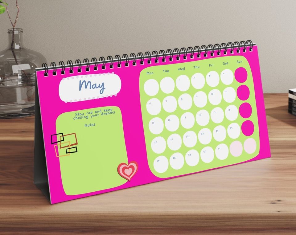 Retro Pink Desk Calendar And Planner, Office Art, Cute Calendar, Retro Art