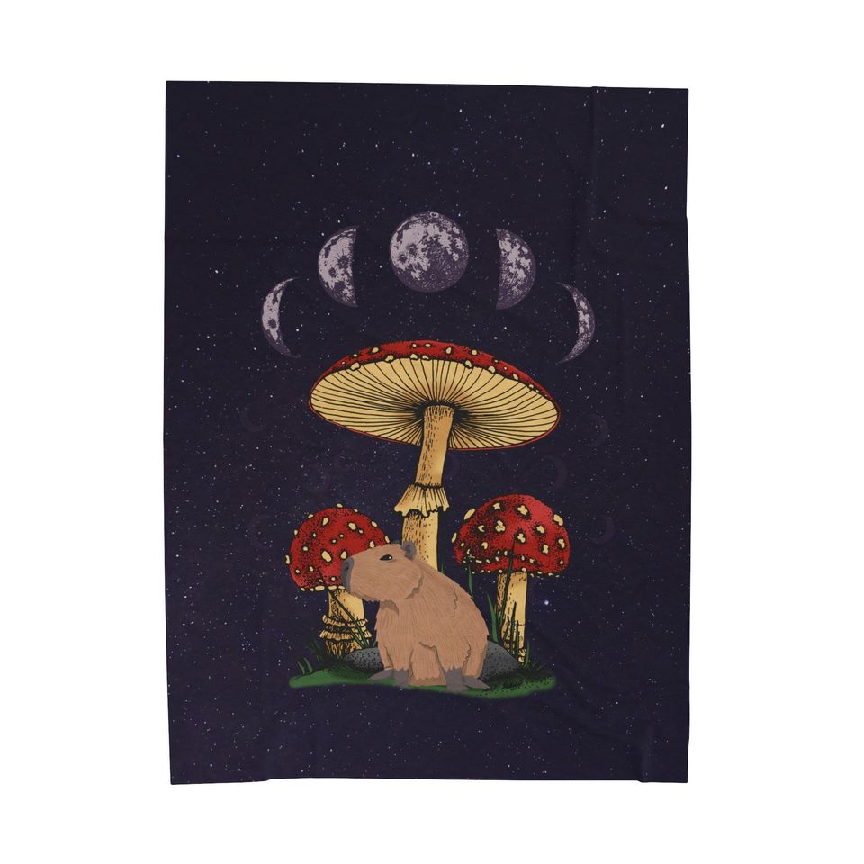 Capybara X Moon Phase Mushrooms, Cute Capybaras Lover Gift Fleece Blanket