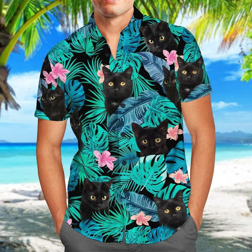 Black Cat Shirt, Cat Hawaiian Shirt, Cat Button Up Shirt, Funny Cat Shirt