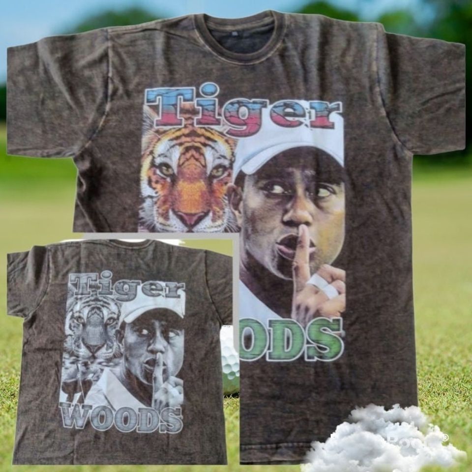 Vintage Wash Tiger Woods "Shhh" Front And Back Printed T-shirt, 90s Tiger Woods T-Shirt, Oversized Wash Shirt, Tiger Woods Golfer Shirt