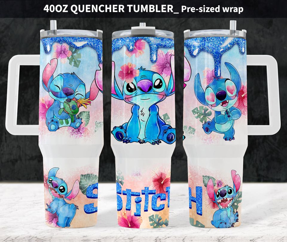 Personalized Stitch Floral 40oz Tumbler Wrap, Cartoon Stitch Tumbler Wrap