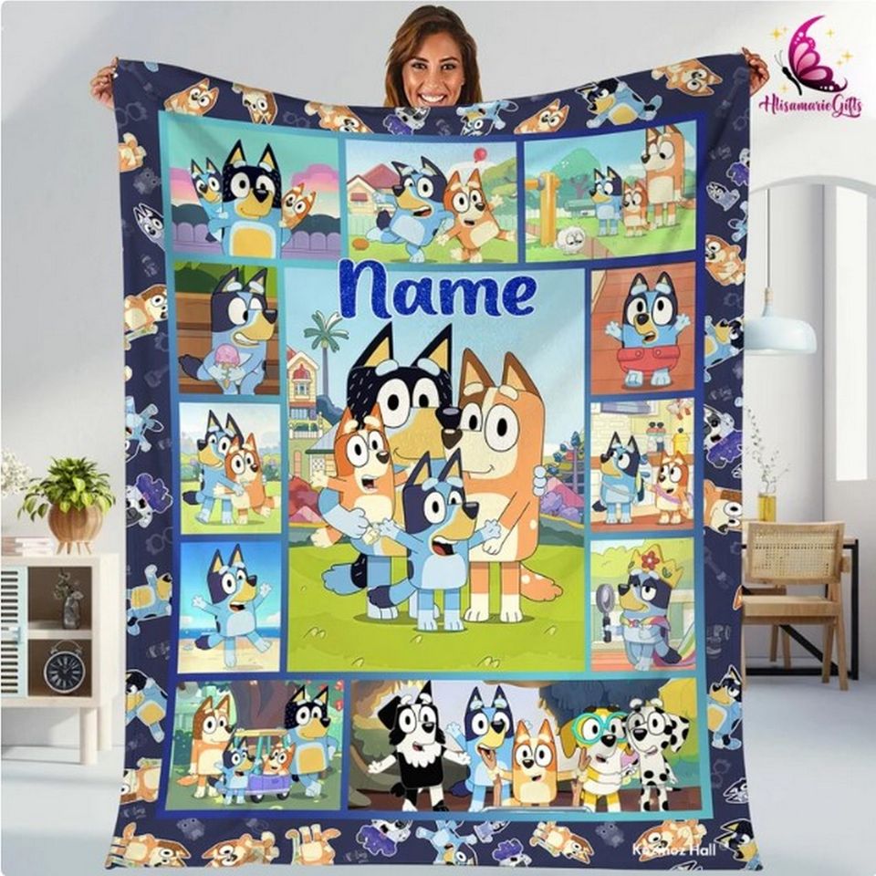Personalized BlueyDad Fleece Blanket, Family Soft Cozy Fleece Blankets for Kids
