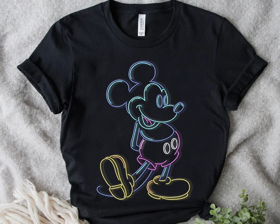 Disney Mickey And Friends Mickey Mouse Pose Classic Neon Line Portrait Shirt, Unisex T-shirt Family Birthday Gift Adult Kid Toddler Tee