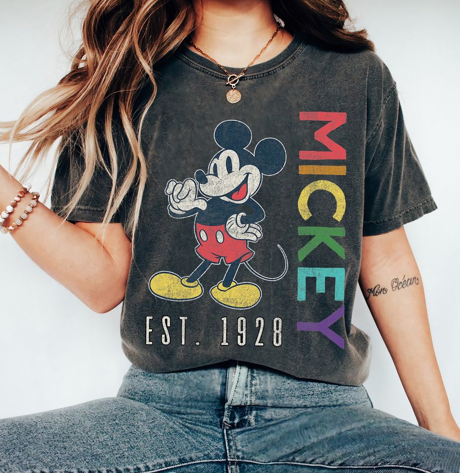 Disney Mickey Mouse Est 1928 Rainbow Lettering T-Shirt