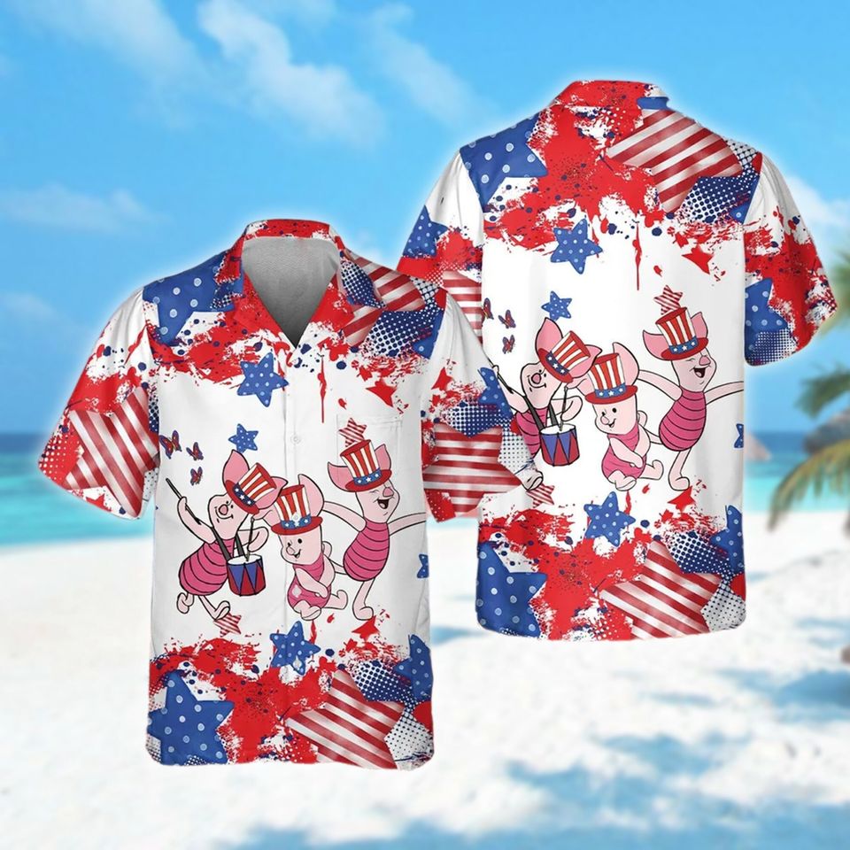 American Flag 4th July Hawaiian Shirt, Piglet 4th Of July Tropical Hawaii