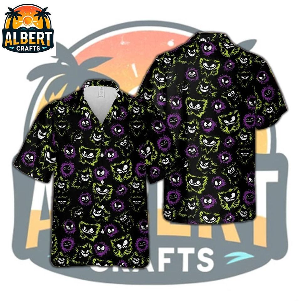 Gengar Button Up Shirt, Gengar PKM Hawaiian Shirt
