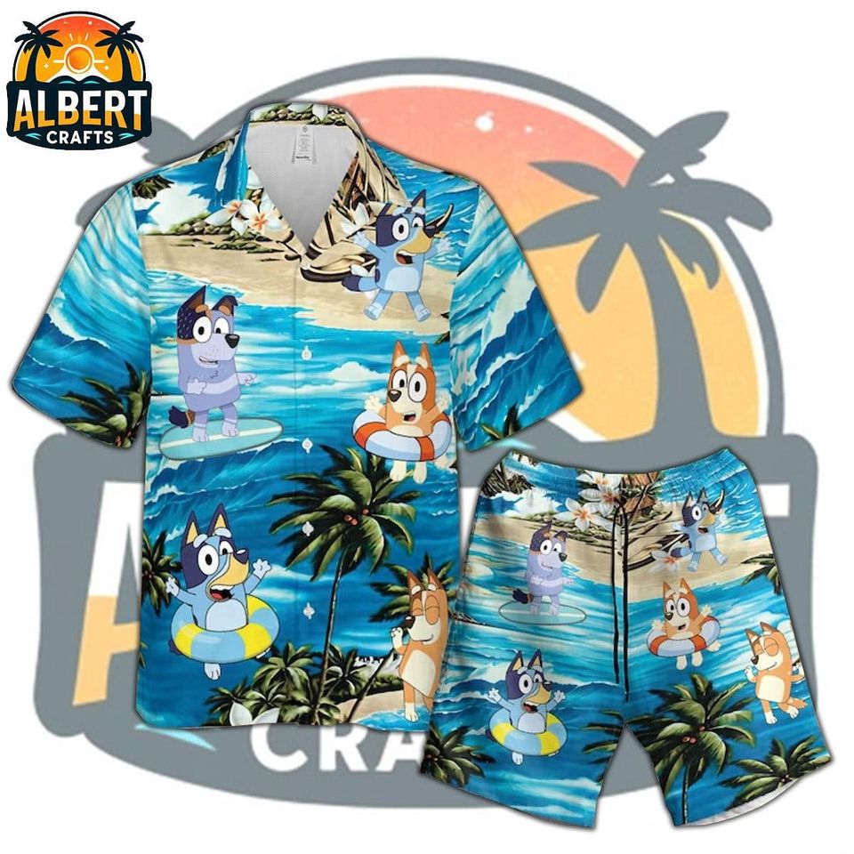 Cartoon Characters Hawaiian Shirt and Shorts Set, PKM Hawaiian Shirt