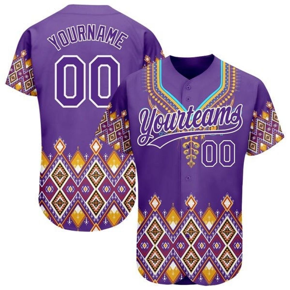 Custom Purple White 3D Pattern Design Traditional African Ethnic Style Baseball Jersey