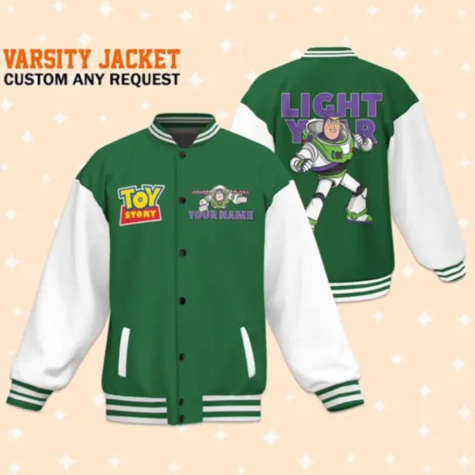 Personalize Toy Story Buzz Lightyear Green Color Baseball Jacket, Adult Varsity