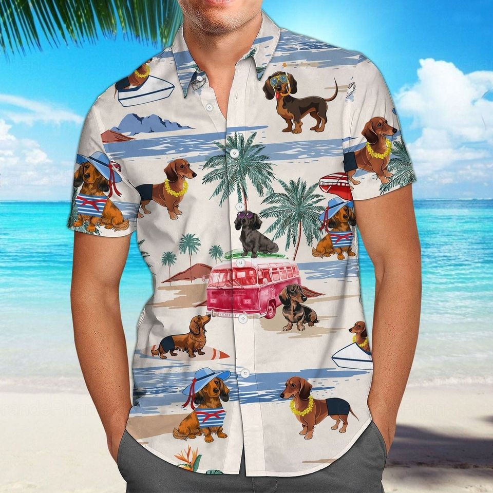 Dachshund Shirt, Dachshund Beach Shirt, Wiener Dog Hawaiian Shirt, Button Up Shirt, Hawaii Style, Hawaiian Shirt For Men Women