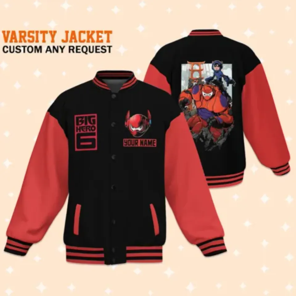 Personalized Disney Big Hero 6 Black Red Varsity Jacket, Baseball Outfit