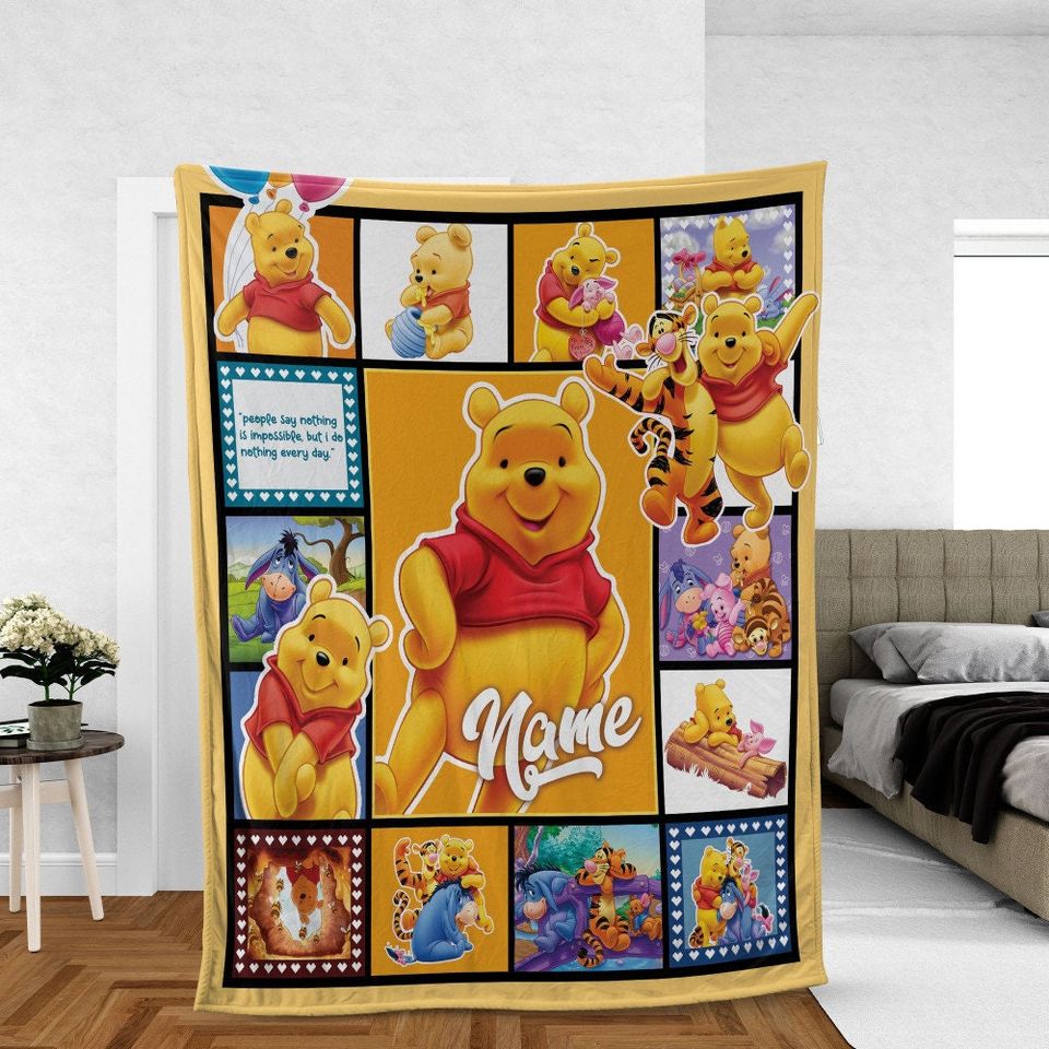 Personalized Kid Name Blanket, Cartoon Pooh bear and friends Blanket, Classic Pooh Blanket