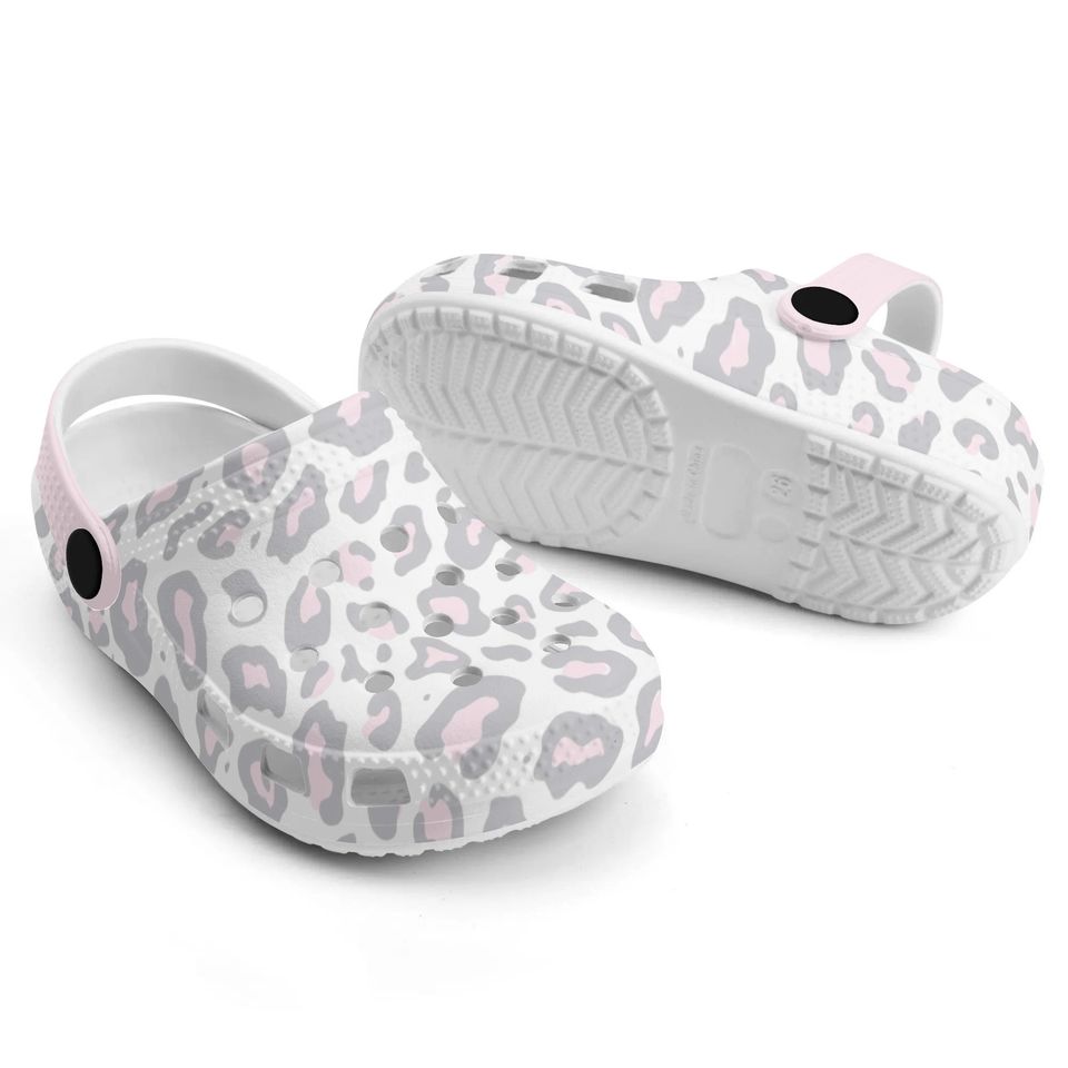 All Over Print White Pink and Grey Leopard Clogs