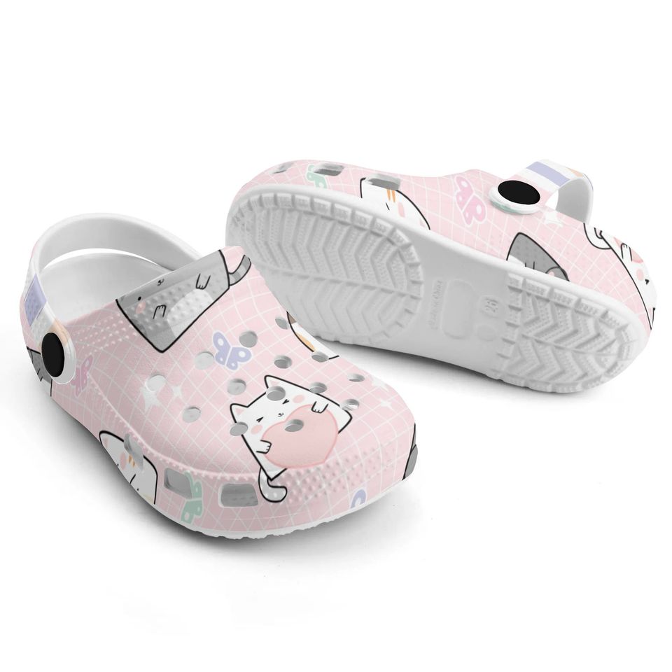 Pink Kitty Croc Style Sandals, Girls Cute Pink Striped Cat Clogs
