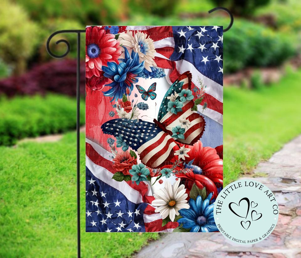 4th of July Butterfly Garden Flag  Patriotic Flag