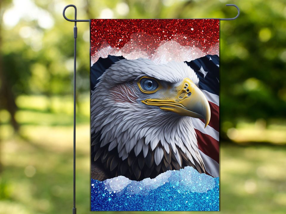 4th of July Patriotic Garden Flags with Bald Eagle Across American Flag