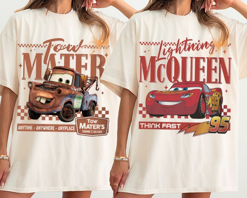 Couple Checkered Mater McQueen Shirt Funny Tee, Cars Tees, Vintage Graphic T-shirt Family 2024 Trip Gifts