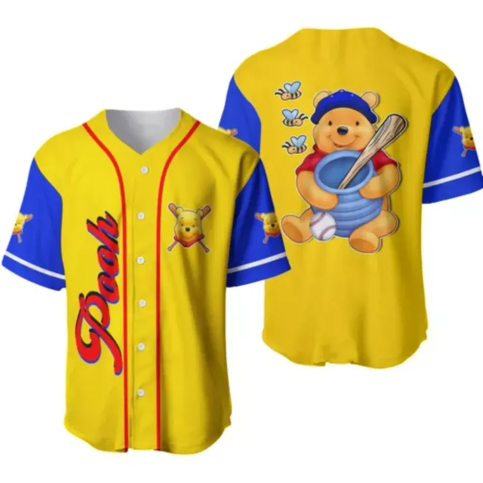 Winnie The Pooh Baseball Jersey Button Down Shirt, Pooh Bear Baseball Jersey