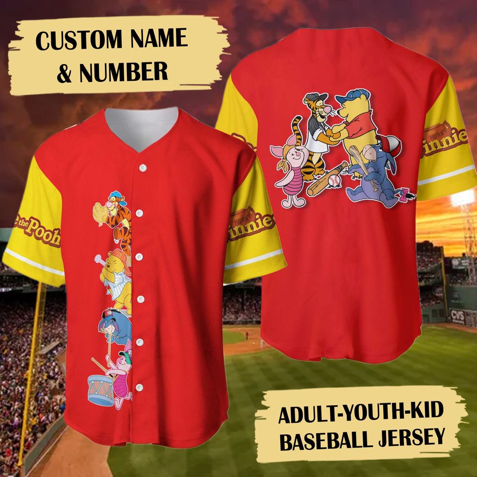 Personalized Yellow Bear and Friends Baseball Jersey, Custom Bear Baseball Jersey, Cartoon Jersey Shirt