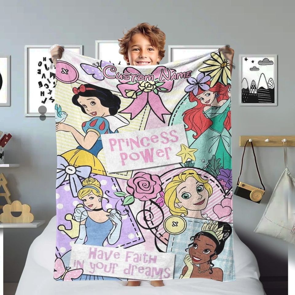Personalize Colorful Princess Characters Blanket, Birthday Girl Gift For Daughter, Kid, Custom Name Magic Kingdom Blanket, Bedding Quilt