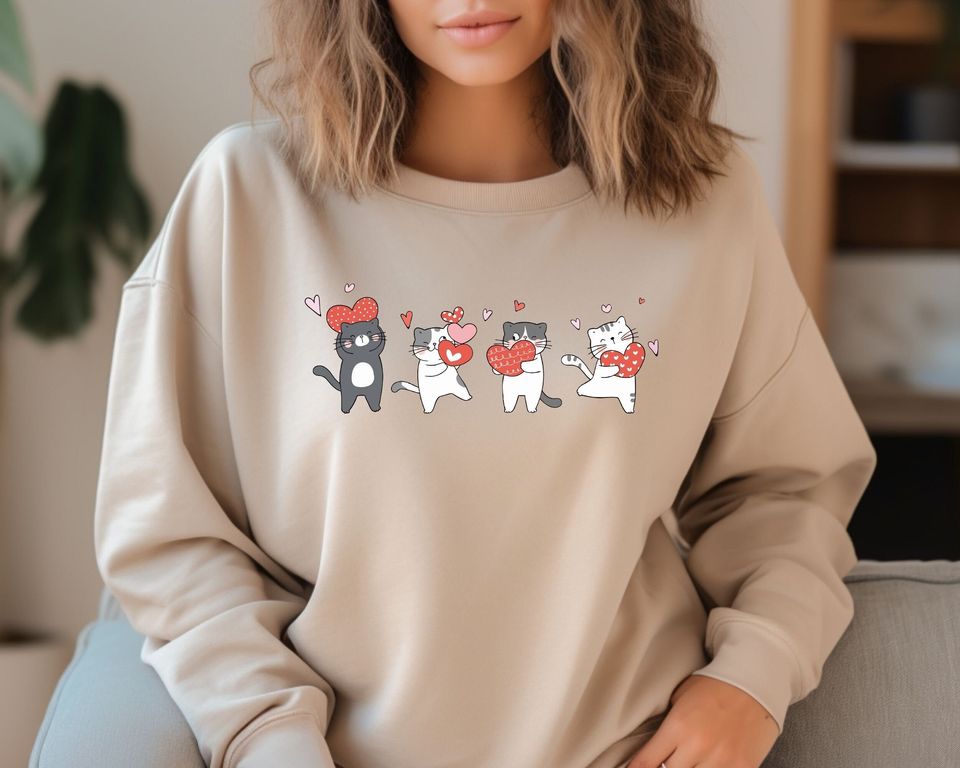 Cute Cats Sweatshirt, Hearts Cat Sweater, Gift for her, Cat Mom Long Sleeve, Kitten Sweatshirt, Cat Mom Gift