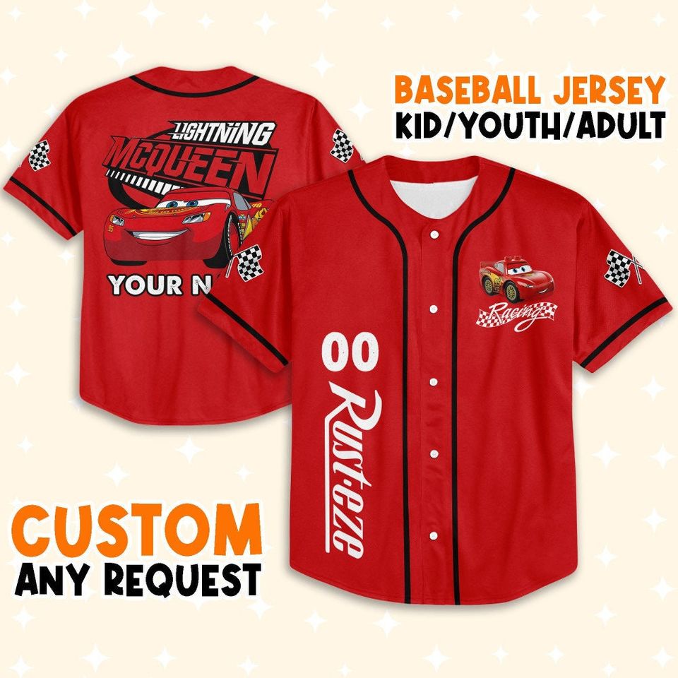 Personalize Lightning Mcqueen speed Red Dark Jersey, Custom Disney Jersey Baseball Jersey