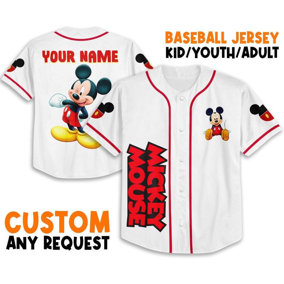 Personalize Mikey Disney Red Text jersey, Disney Baseball Jersey Sports