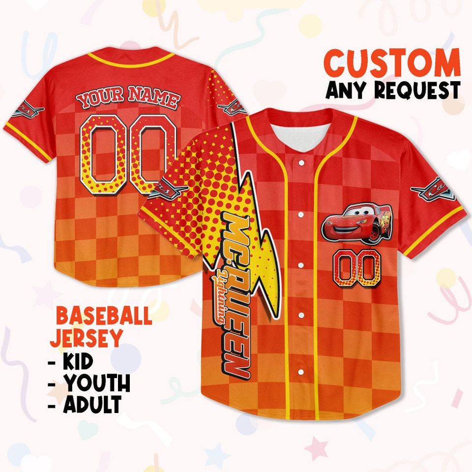 Custom Cars Lightning McQueen Red Mix Binding Baseball Jersey, Animation Jersey Shirt