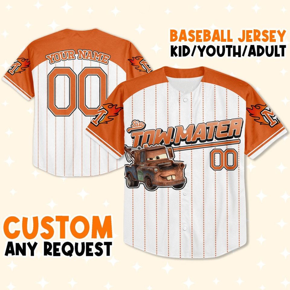 Custom Cars Mater Orange Cool, Custom Text Baseball Jersey, Lightning Mcqueen Jersey