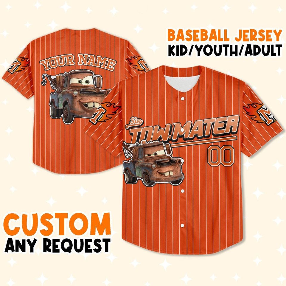 Custom Cars Mater Orange , Custom Text Baseball Jersey, Lightning Mcqueen Jersey