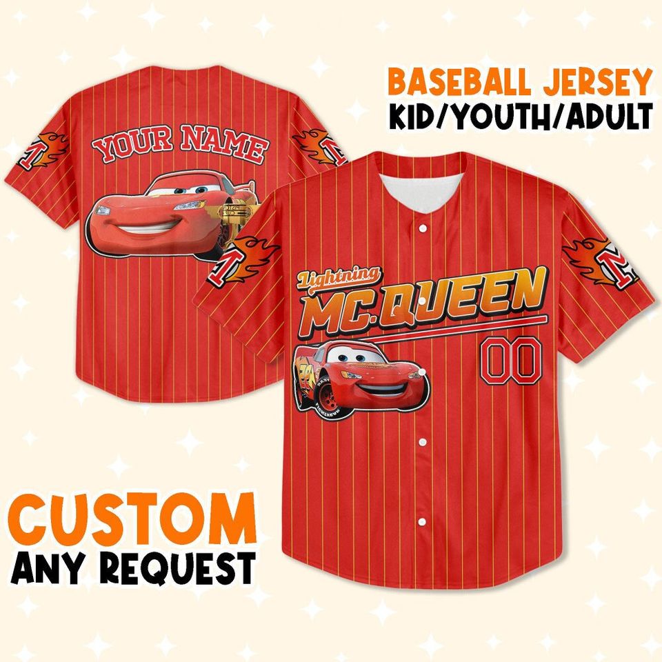 Custom Cars MC Queen Red , Custom Text Baseball Jersey, Lightning Mcqueen Jersey