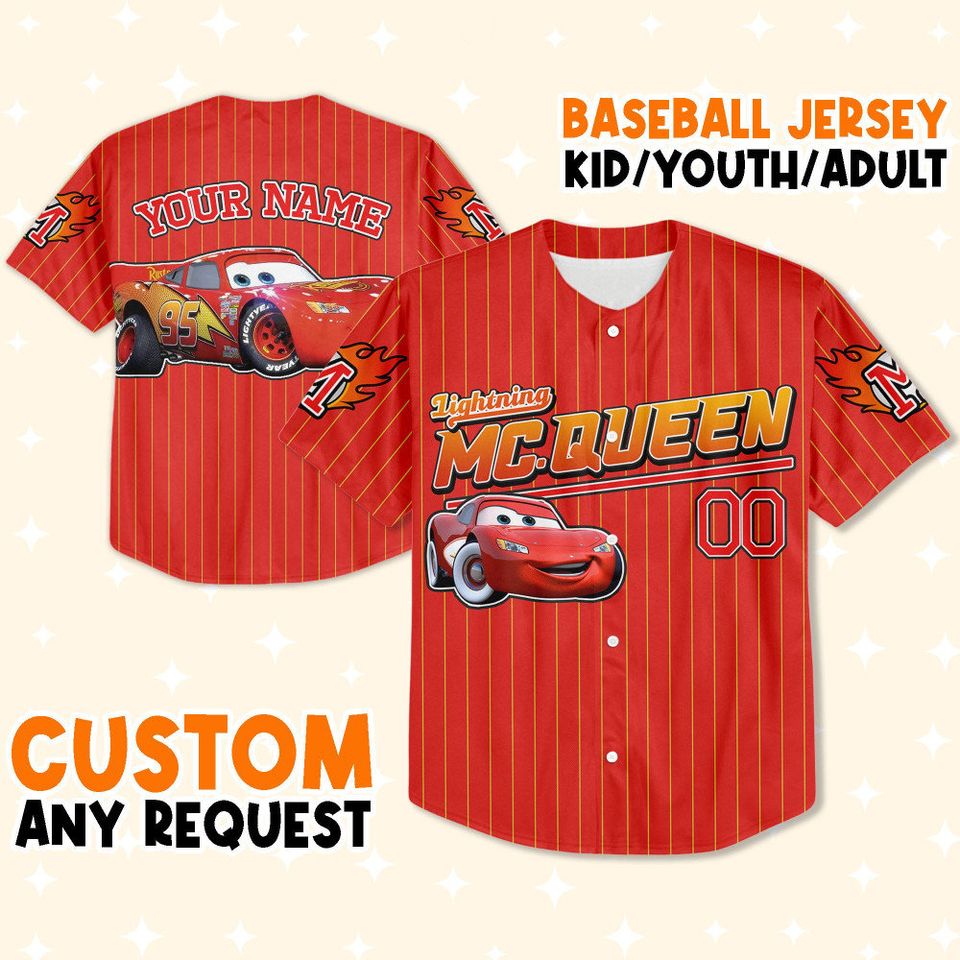 Custom  Cars MC Queen Red , Baseball Jersey, Lightning Mcqueen Jersey, Gift for Kids